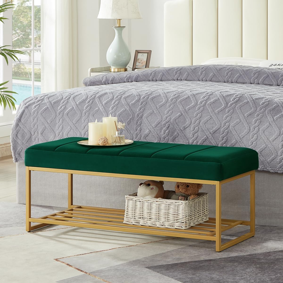 24KF Jade Velvet Upholstered End of Bed Bench with Metal Shelf, Modern Tufted Channel Entryway Bench Footboard Bench for Living Room, Bedroom, Gold Bench,5036-Jade