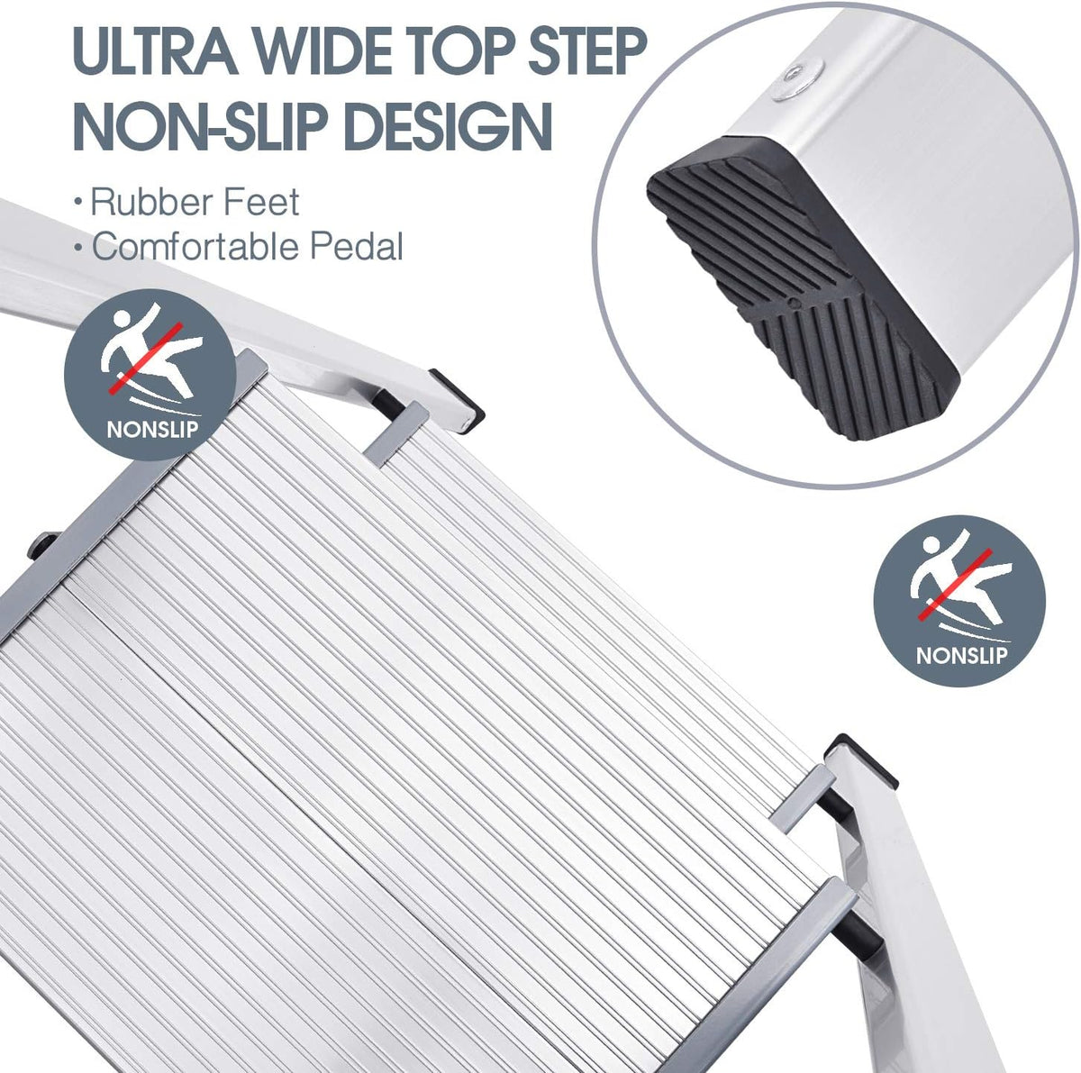 KINGRACK Aluminium 2 Step Ladder, Lightweight Step Stool with Non-Slip Pedals, Handrail, 330LBS Foldable Step Ladder for Kitchen, Garage, Home, Space Saving, Sturdy and Portable, Silver