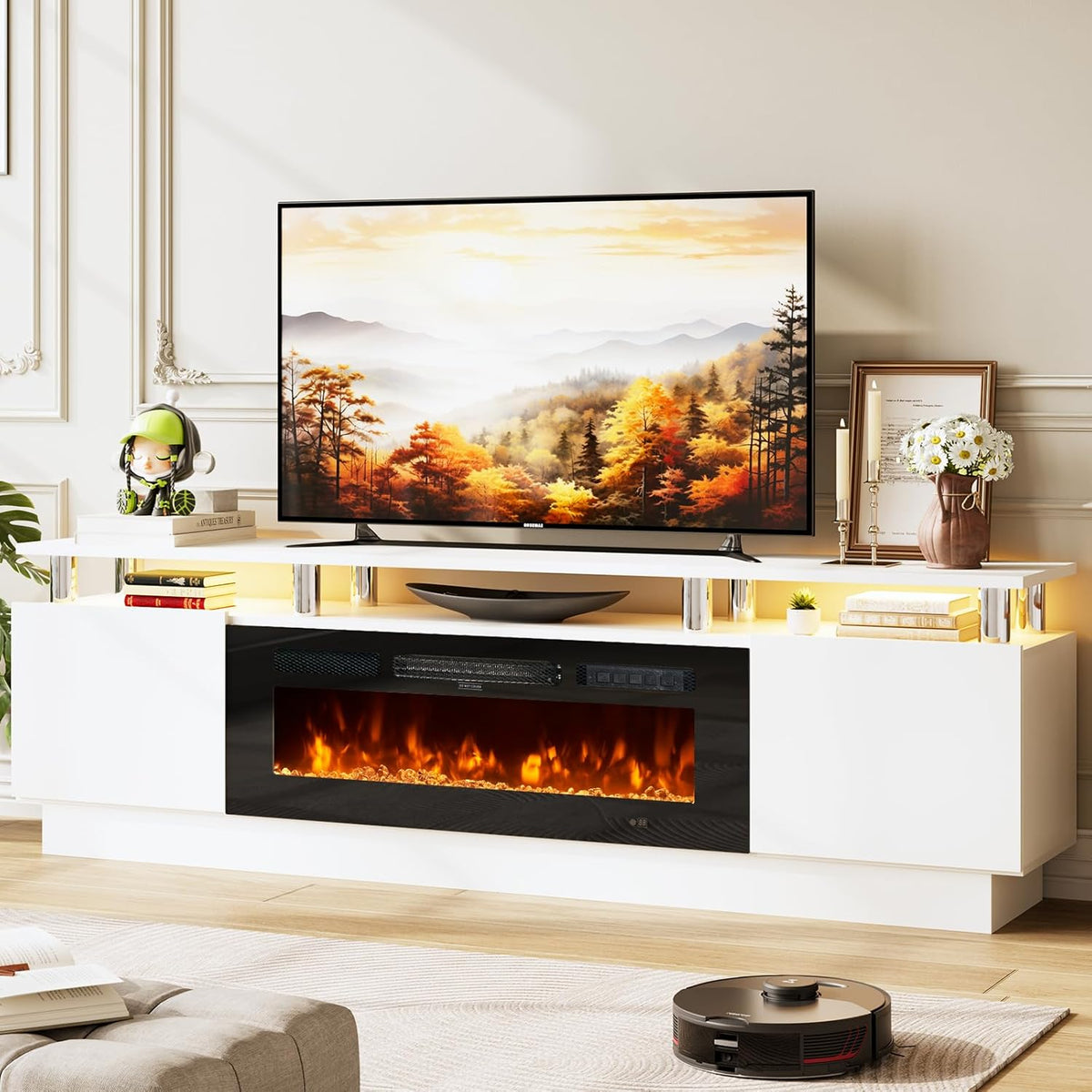 70" TV Stand & Entertainment Center, Media Console with Storage Shelves, Fits TVs up to 80", Modern Living Room Furniture, 36" Electric Fireplace (White+Black)