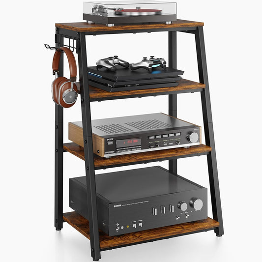 4-Tier AV Media Stand with 2 Hooks,Heavy Duty Stereo Cabinet Furniture-Large Stereo Rack and Game Console Stand,Wooden Record Player Stand,Audio Stand Perfect for DVD Players/Game Console/TV Box/Xbox