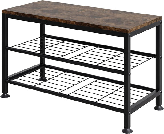 3-Tier Shoe Rack Bench - Entryway Organizer with Shoe Storage, Sturdy Shoe Shelf for Front Door, Small Space Saving Furniture, Brown, Holds 286lbs,27.2" x 12.0" x 15.9"