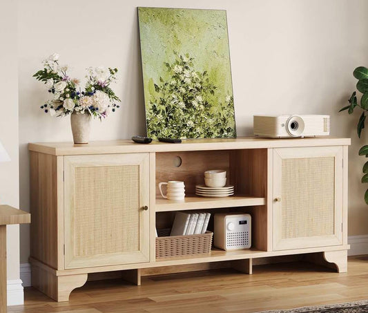 GarveeHome Rattan TV Stand for Living Room, Boho Entertainment Center for 55, 65, 70 Inch TV, Wooden Console Cabinet with Storage and Shelf, Natural Oak
