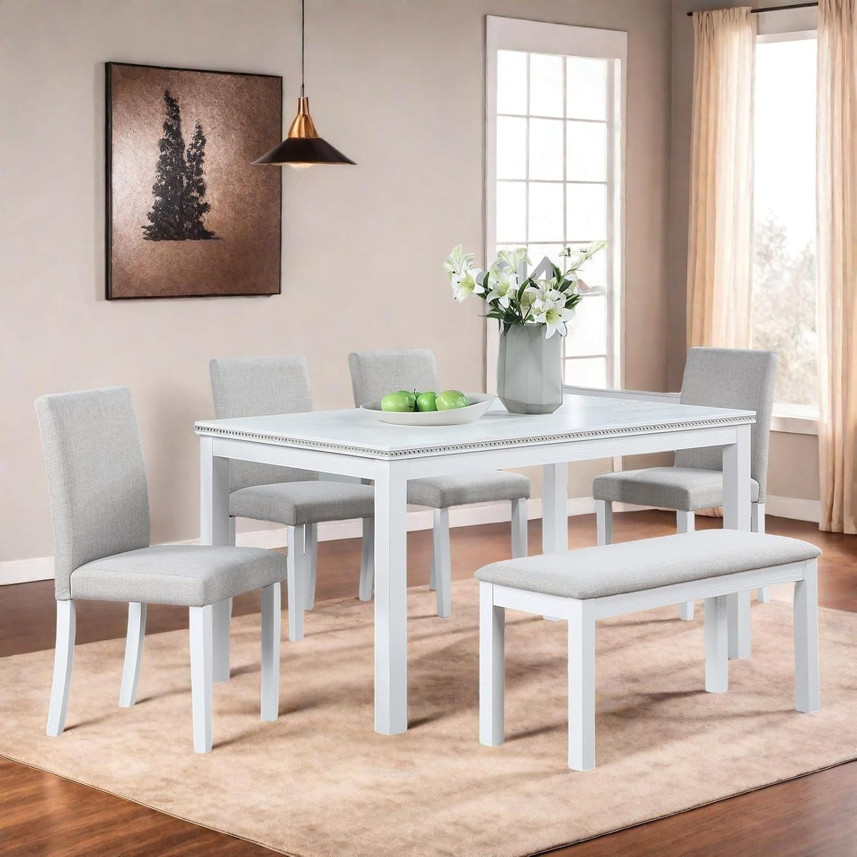 Dining Table Set for 5, 6 Piece Dining Room Table Set with Rectangular Crystal Decoration Table, 4 Upholstered Backrest Chairs and Bench, Counter Height Kitchen Sets with MDF Tabletop, White