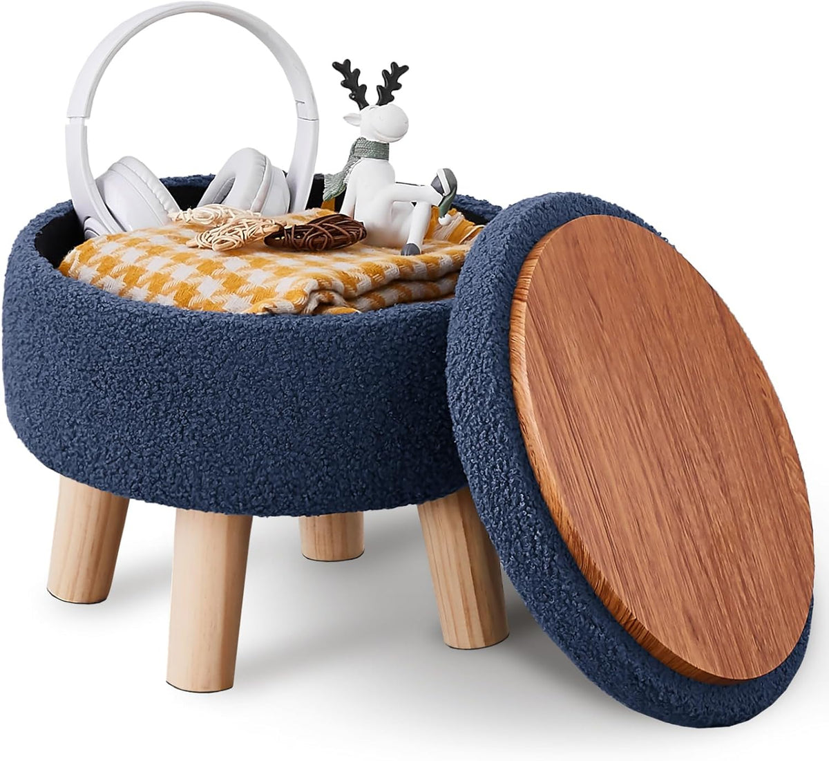 Wimarsbon Storage Ottoman, Modern Round Footrest with Soft Padded Seat, Teddy Velvet Footstool with Wood Legs, Accent Small Table or Plant Stand for Hallway, Living Room (Grey-Blue)