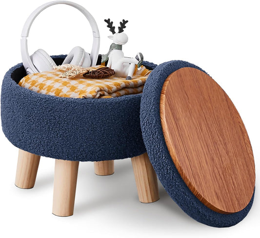 Wimarsbon Storage Ottoman, Modern Round Footrest with Soft Padded Seat, Teddy Velvet Footstool with Wood Legs, Accent Small Table or Plant Stand for Hallway, Living Room (Grey-Blue)