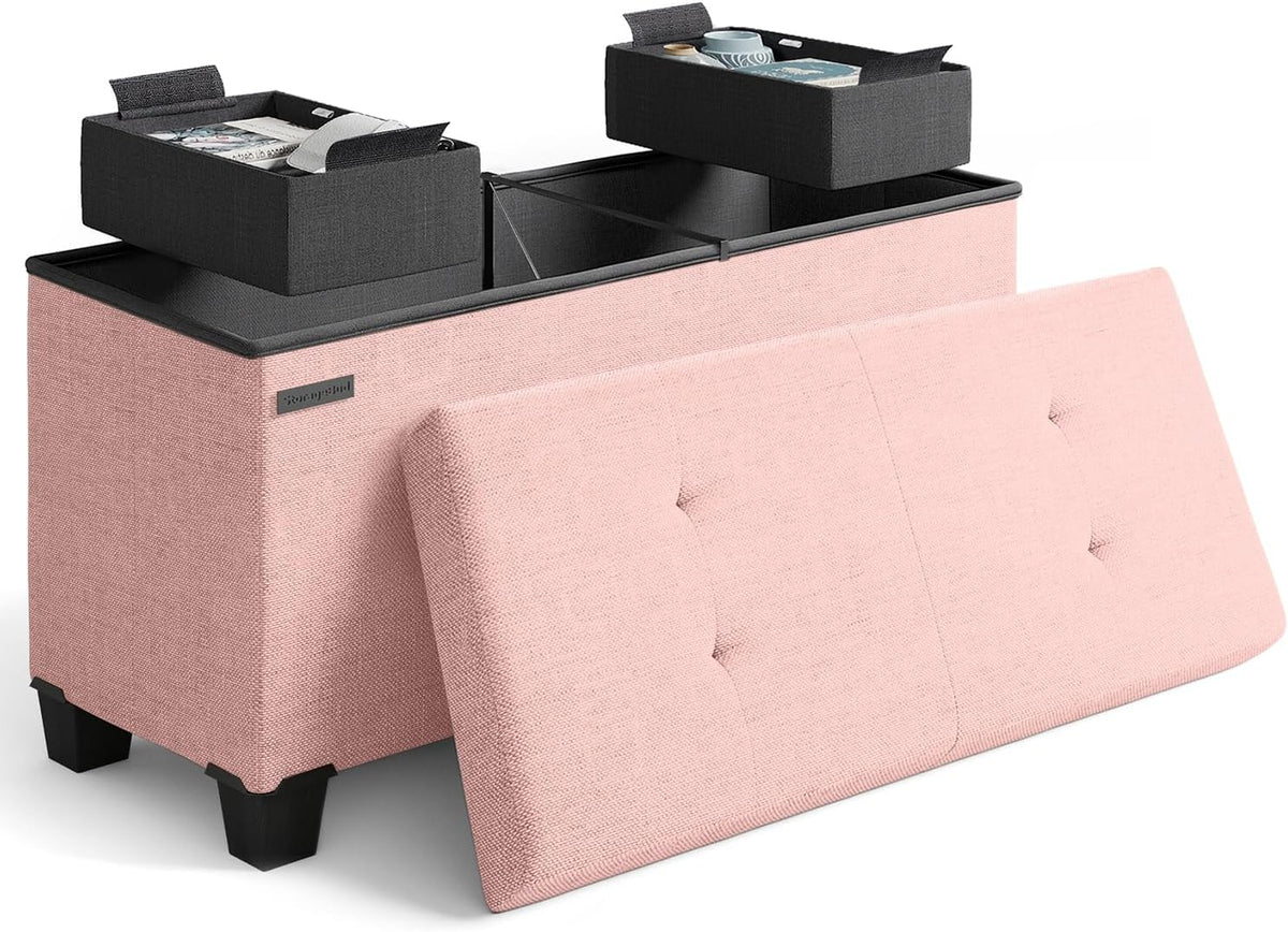 STORAGEBUD Storage Ottoman Bench with Bins, 30-in Storage Bench for Bedroom End of Bed, Folding Foot Rest Ottoman for Living Room Max 660lbs, Fabric Ottomans, Pink
