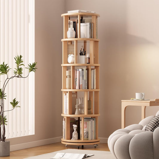 Solid Wood Rotating Bookshelf on Wheels, 5 Tier, Round Revolving Bookcase, 360° Spinning Book Shelf Tower for Kids, Narrow Rolling Bookshelves for Small Space, Corner, Bedroom, Office, Natural