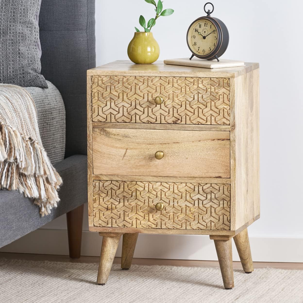 Christopher Knight Home Lytle Handcrafted 3 Drawer Nightstand - Mango Wood - Natural
