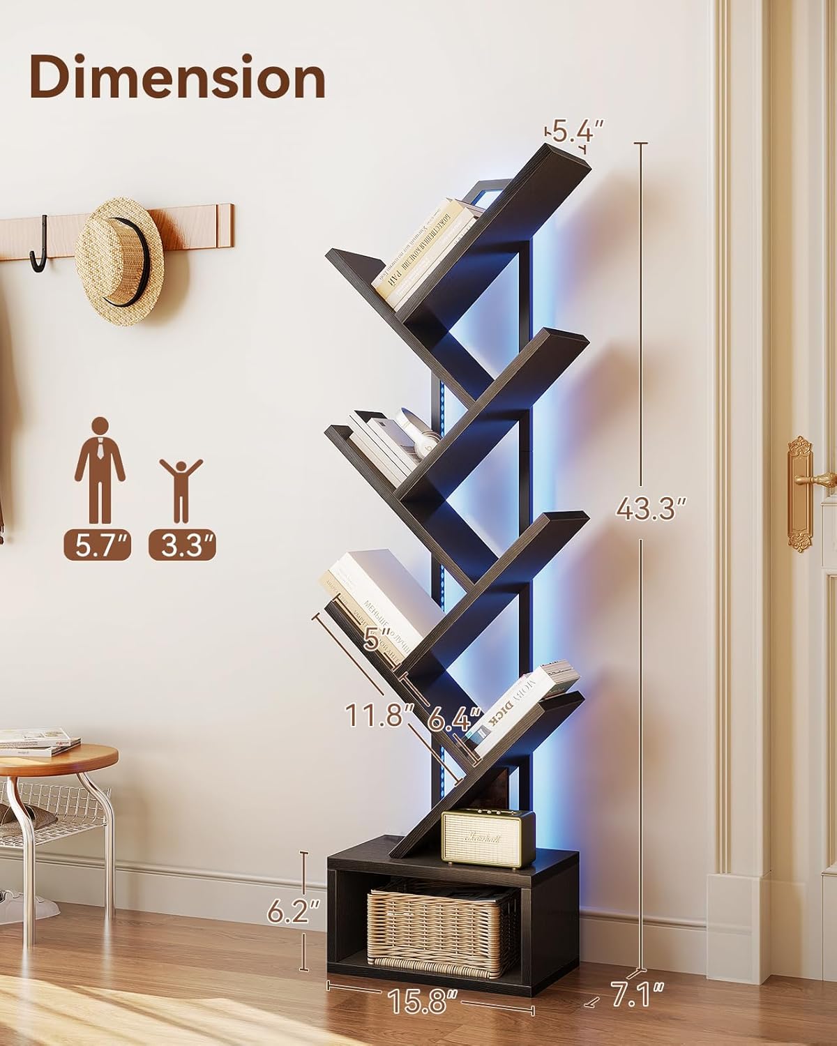 Casaottima 6-Tier Tree Bookshelf — Narrow Floor Standing Bookcase, Tall Steel & Wood Book Organizer Shelf with Cabinet, Home Decor for Living Room/Bedroom/Home Office, Black