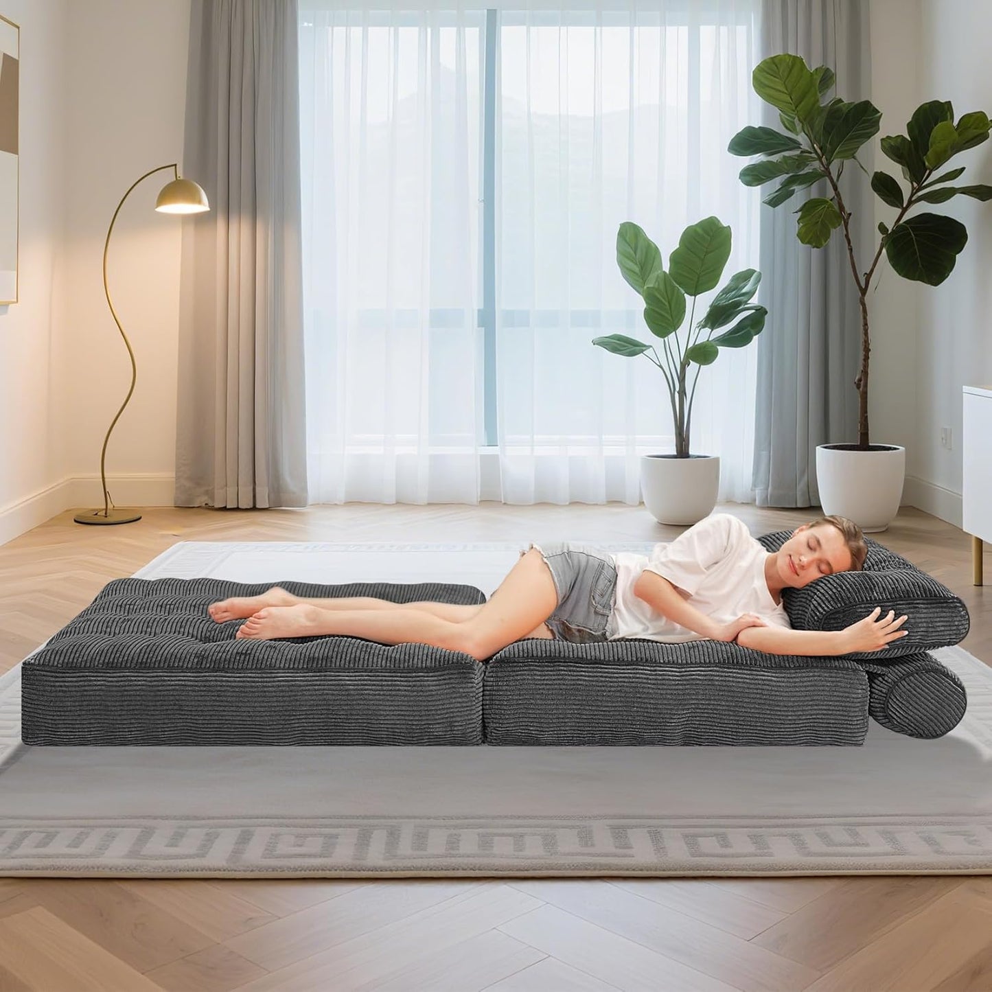 HABUTWAY Folding Sofa Bed, Convertible Sleeper Chair Bed w/Dual-Pillow & Handle, Foldable Floor Sofa Lounge w/Back Support for Living Room, Bedroom, Apartment, Office, Grey