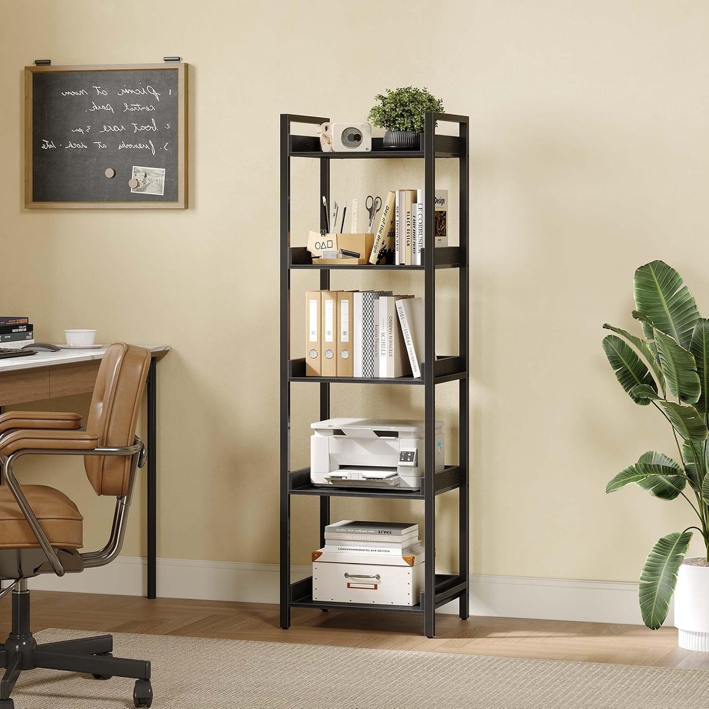 Rolanstar Bookshelf, 5-Tier Storage Rack, Narrow Corner Bookshelf, Display Wooden Shelves for Living Room, Bathroom, Balcony, Kitchen,Black