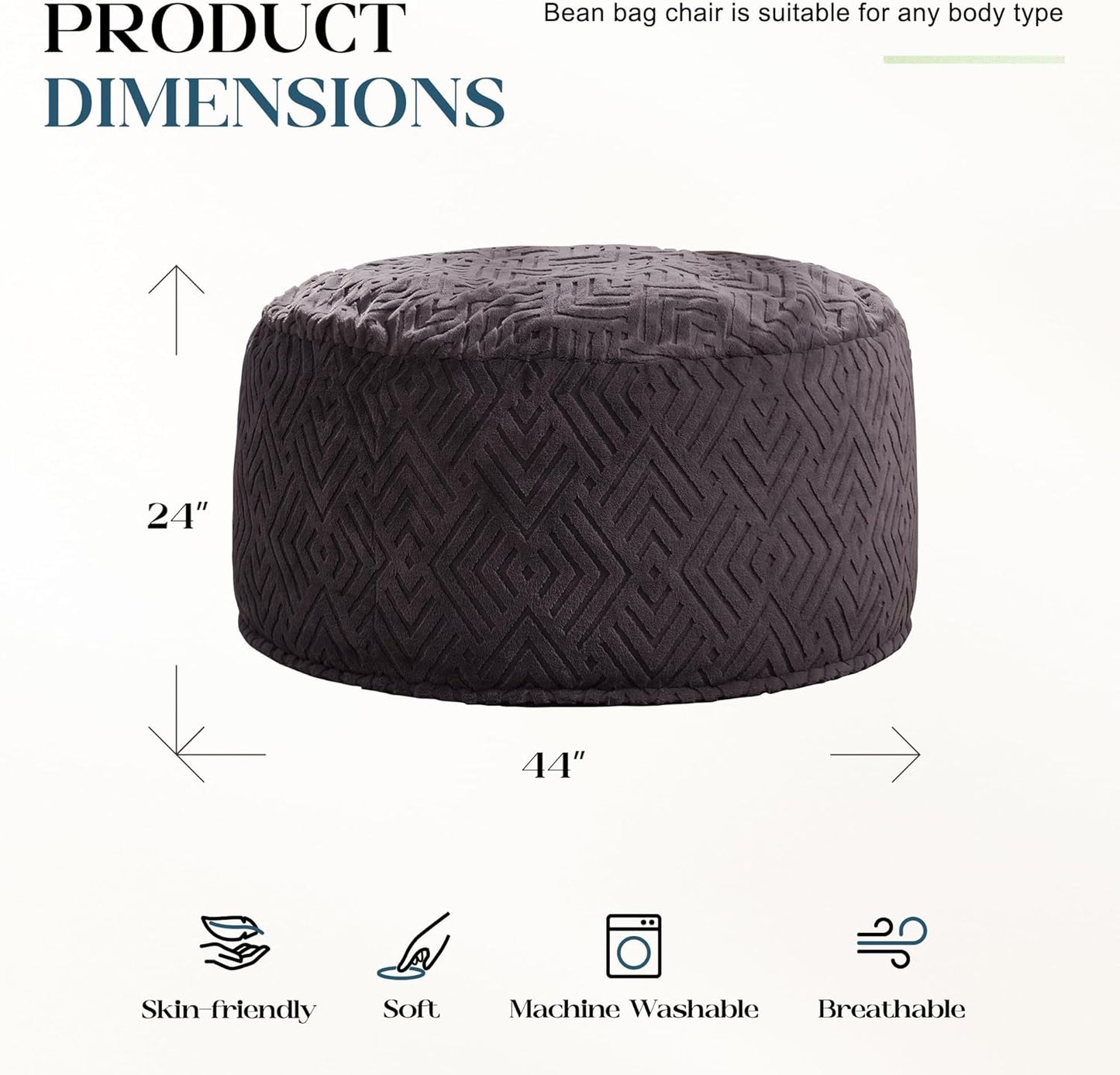 Hobestluk Bean Bag Chairs Adults Beanbag Chair with Filler Large Bean Bags with Fluffy Embossed Cover, Giant Bean Bag Chairs for Adults (Dark Grey, 4FT - 44” x 44” x 24”)