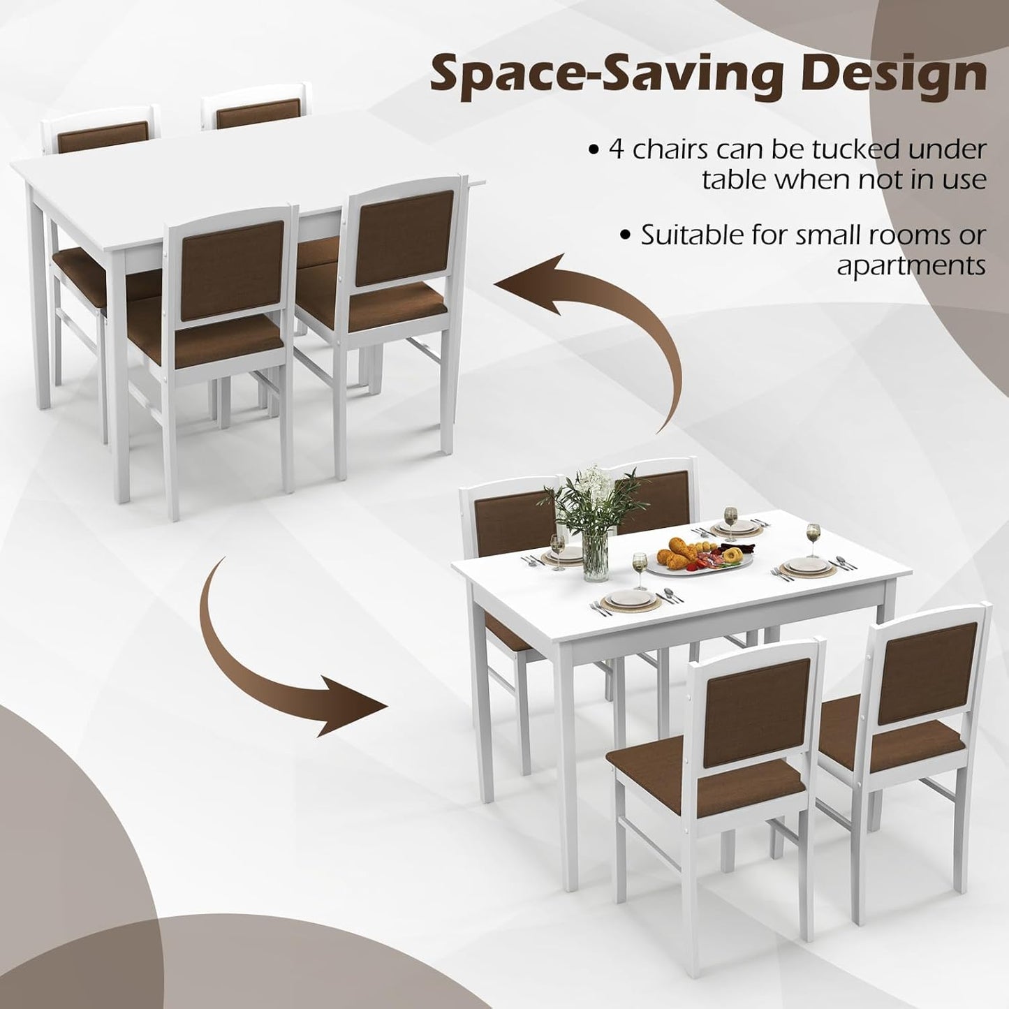 Giantex 5-Piece Dining Table Set for 4 - Breakfast Nook Table Set with Kitchen Table, 4 Upholstered Chairs, Wood Legs, Space-Saving Dinette Set, Kitchen Table Chairs Set of 4 (White+Brown)