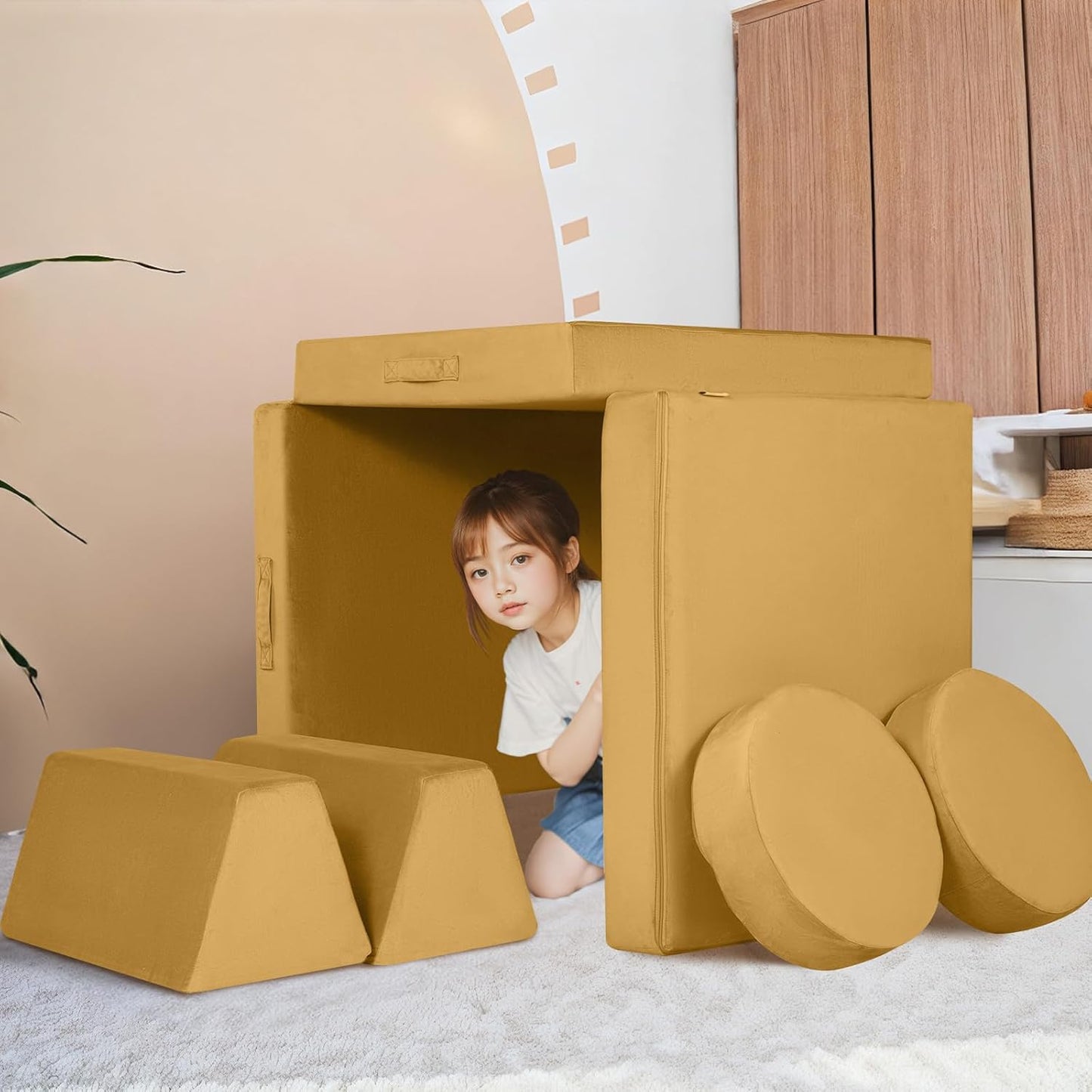 MeMoreCool Modular Kids Couch Sofa, Mustard 8-Piece Convertible Foam Play Couch Set for Toddlers and Playroom