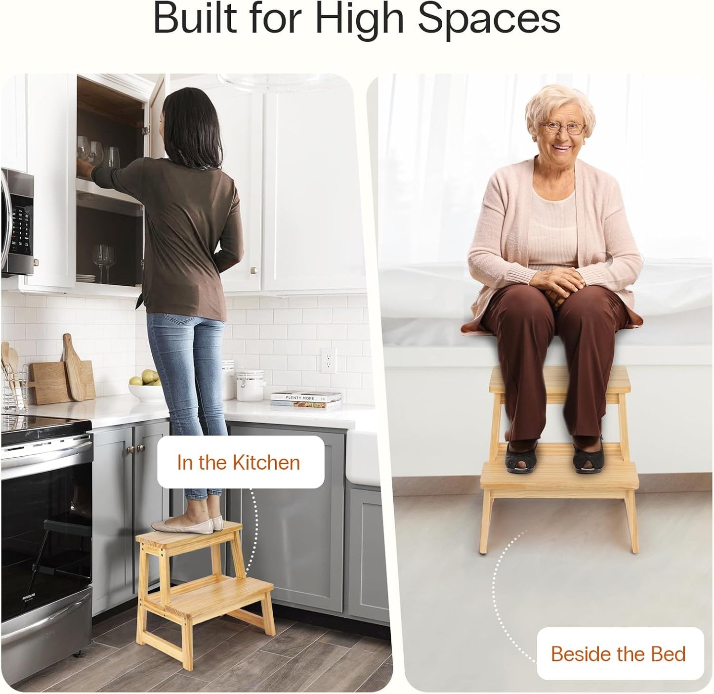 StrongTek Wooden Step Stool for Adults, 2-Tier, 300 lbs Capacity, Durable and Lightweight, Portable with Anti-Slip Feet, for Kitchen, Bathroom, Bedroom, or Closet, 17" Tall