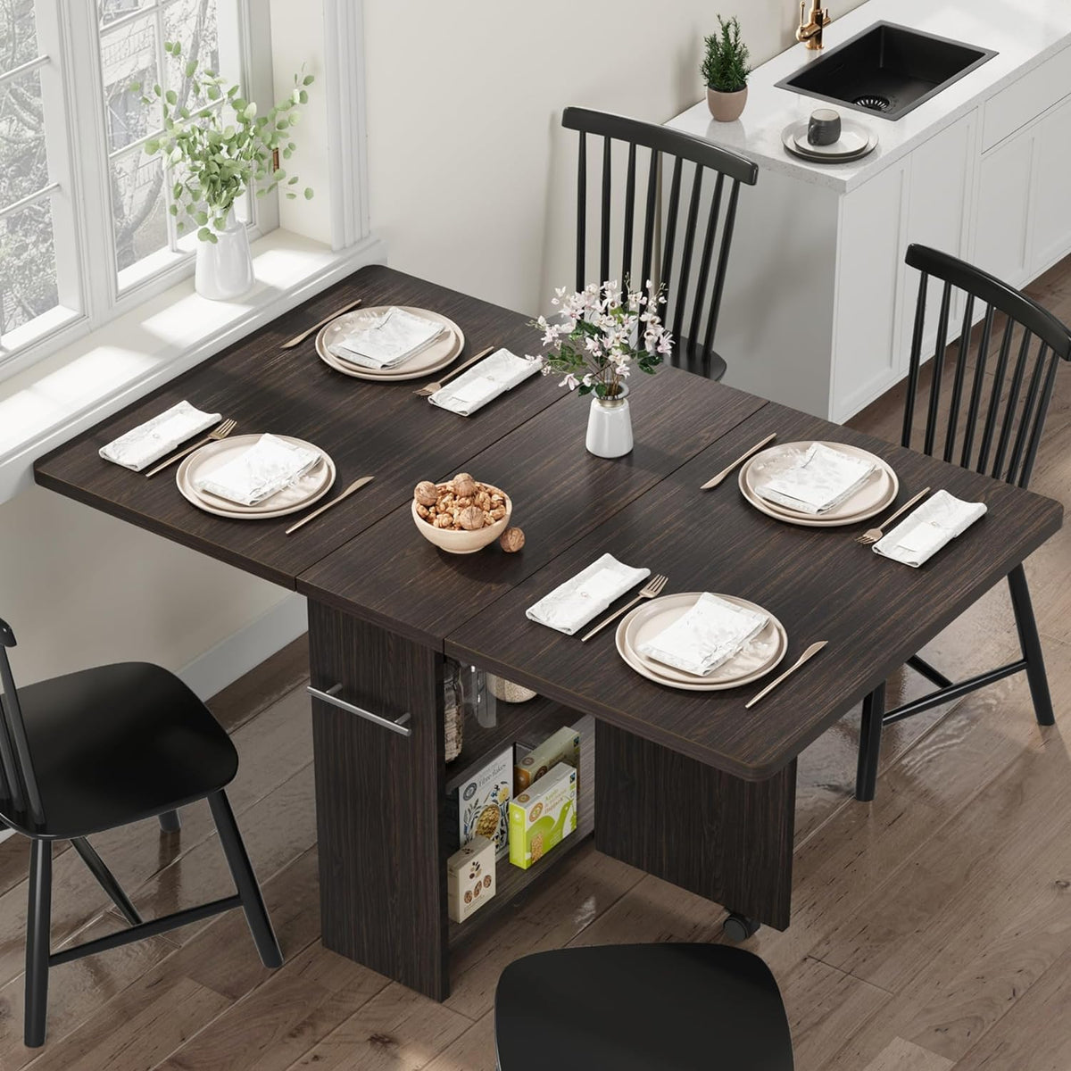 IDEALHOUSE Folding Dining Table, Drop Leaf Dining Table with 6 Wheels and 2-Layer Storage Shelf, Space Saving Dining Table for Small Spaces (Dark Walnut, 47.2" D x 23.6" W x 29.5" H)