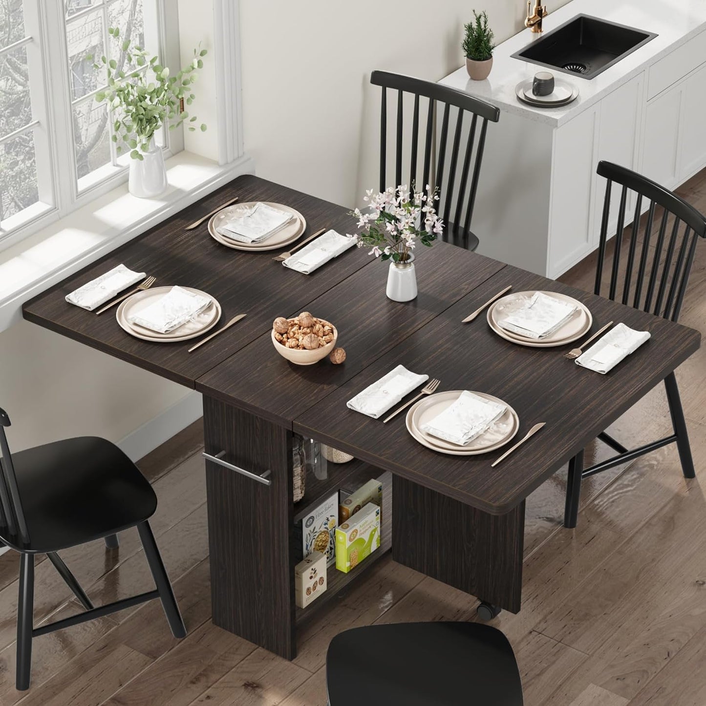 GarveeHome Folding Dining Table, Space Saving Farmhouse Dining Table for 4 Storage Shelf, 6 Wheels Multipose Expandable Kitchen Drop Leaf Table for Small Space (Dark Walnut, 47.2"D x 23.6"W x 29.5"H)
