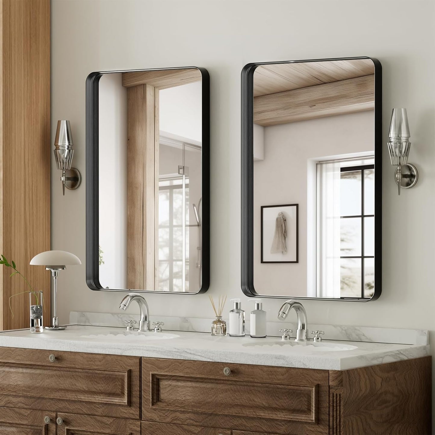 Bathroom Mirror 20x30 inch, Black Gorgeous Deep Frame Wall Mirror, Modern Round Corner Bathroom Vanity Mirror for Bedroom, Living Room, Hanging or Leaning Horizontal or Vertical, Black
