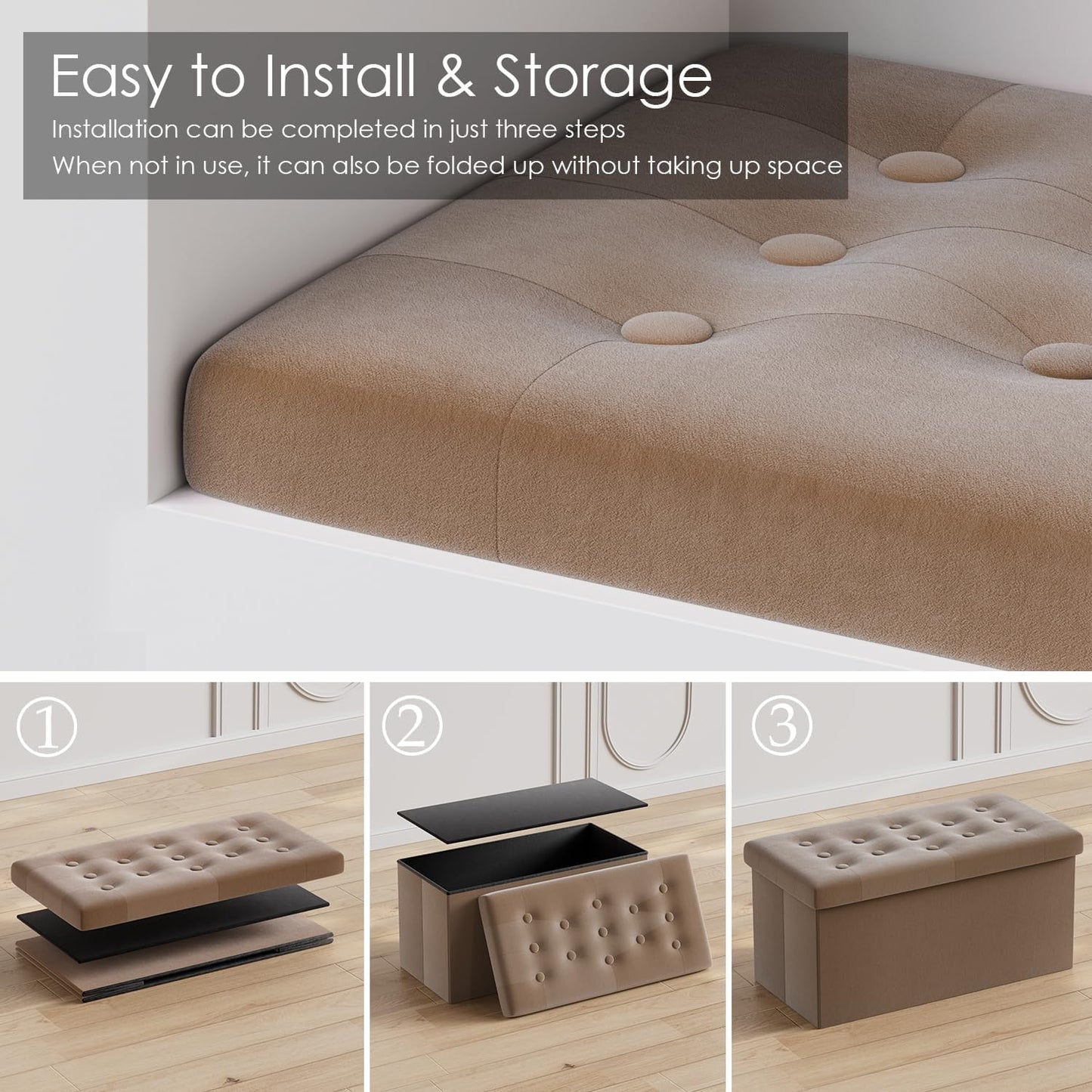 PRANDOM Jumbo Ottoman with Storage [1-Pack] Velvet Folding Small Square Foot Stool with Lid for Living Room Bedroom Coffee Table Dorm Dark Coffee 43x15x15 inches