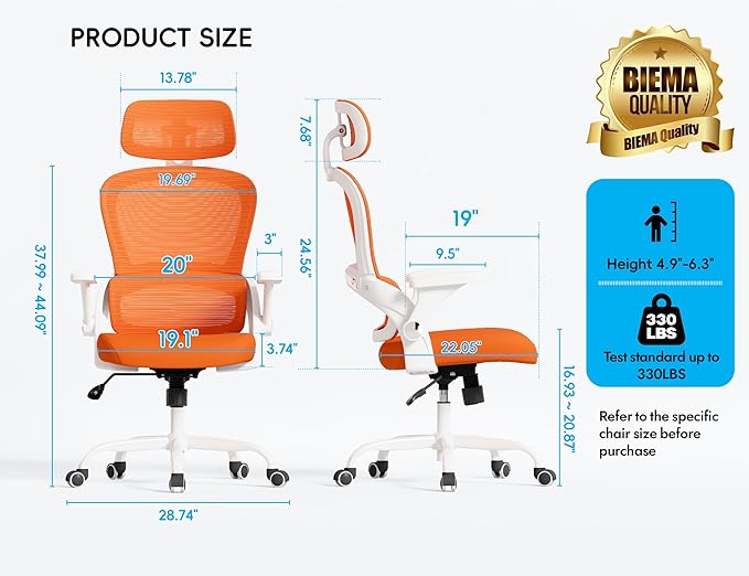 TRALT Office Chair - Ergonomic Office Chair with Back Support, Home Office Desk Chairs, 330lbs Wide Seat Big and Tall Office Chairs with Headrest, Comfy Desk Chairs (Orange)