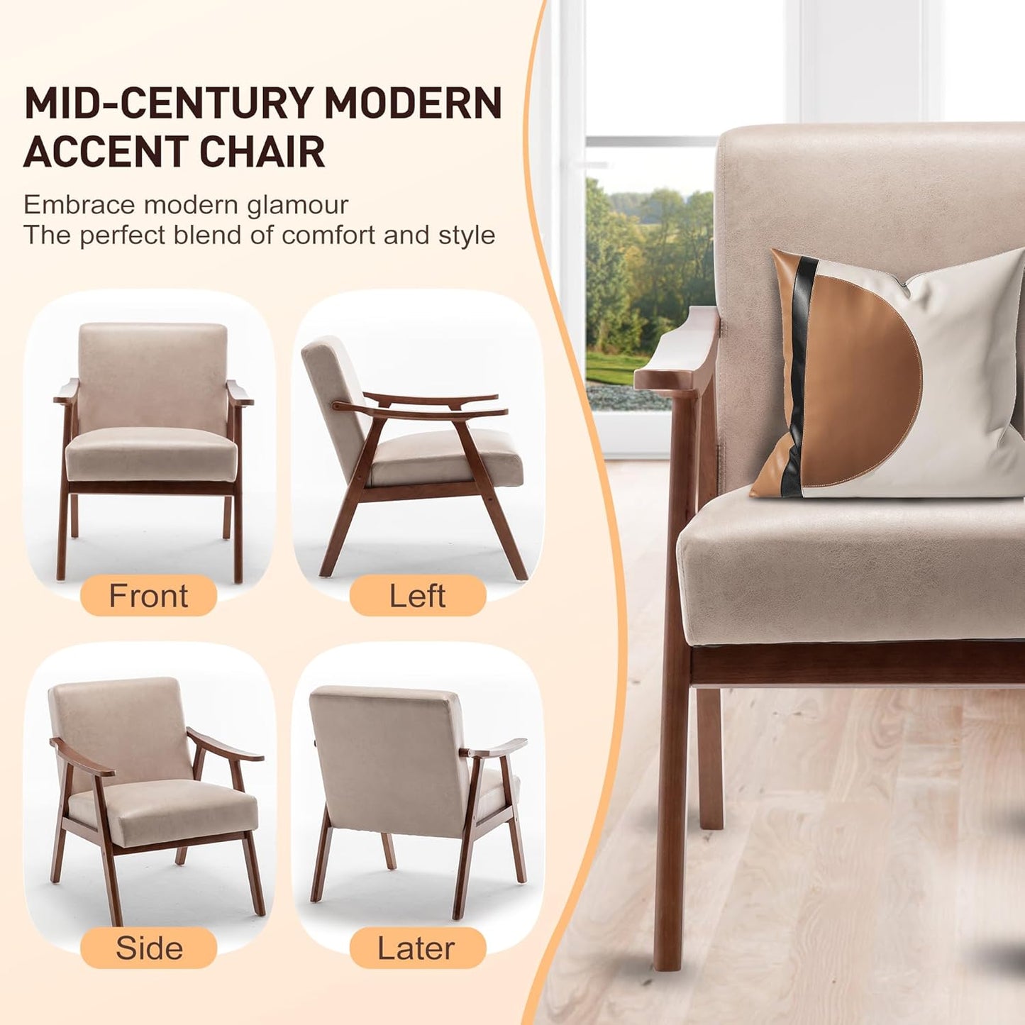 KEIKI Mid Century Modern Accent Chair w/High Wingback,Comfy Fabric Living Room Chairs with Solid Wood Frame, Lounge Reading Armchair, Easy Assembly, Light Camel