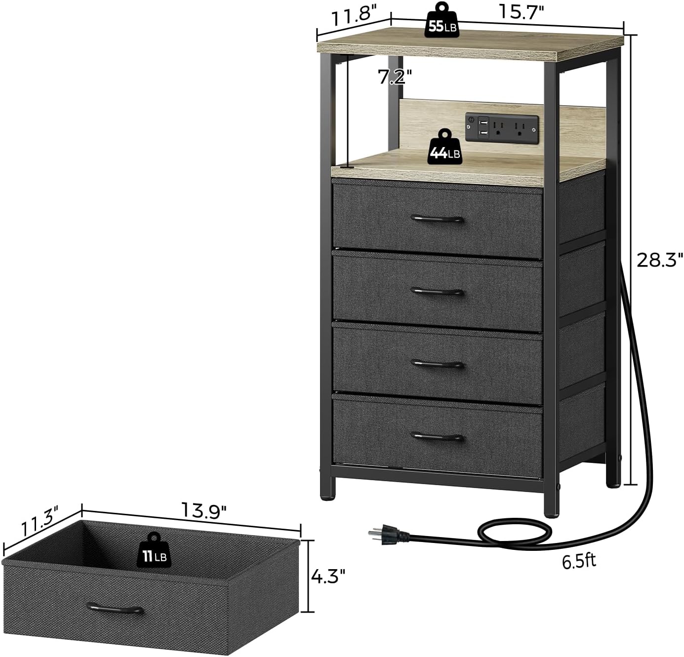 Seventable Night Stand with Charging Station, Tall Nightstand with 4 Fabric Storage Drawers, Side Table with LED Light for Bedroom, Entryway, Greige, Set of 2