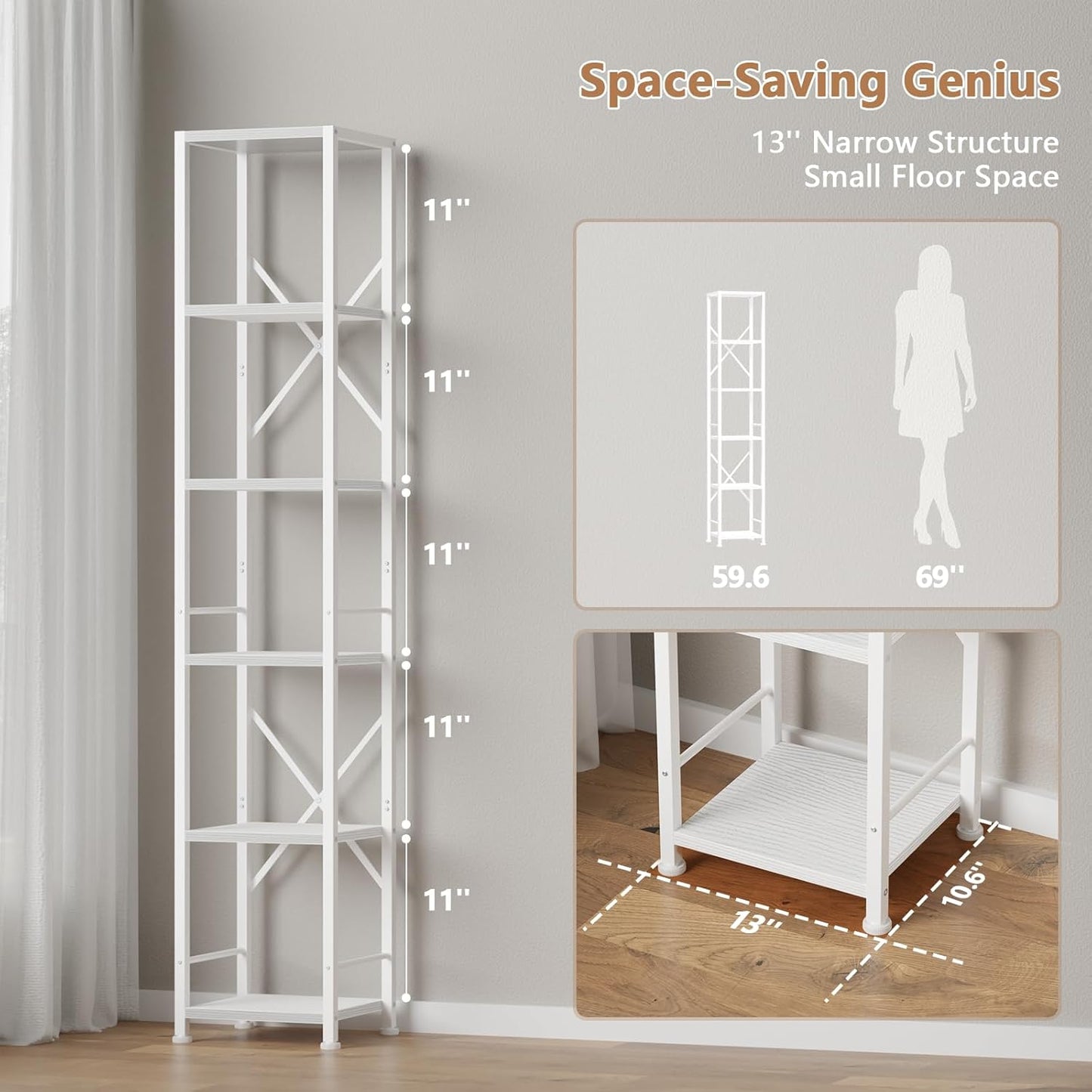 Furologee White Bookshelf 6 Tier Tall Narrow Bookcase, Modern Display Standing Shelf Unit, Metal and Wooden Storage Corner Shelves Organizer for Bedroom, Living Room, Office, Bathroom