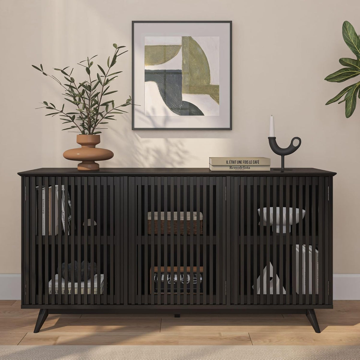 Plank+Beam Mid-Century Modern Wood TV Stand, Three Door Solid Wood Entertainment Console with Storage, 59" L x 16" W x 30" H, Black