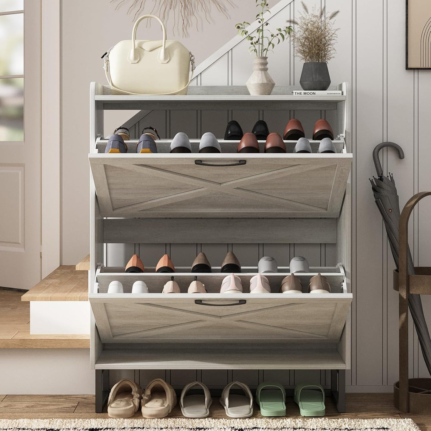 Maupvit Shoe Storage Cabinet with 2 Flip Drawers, Freestanding Organizer with Metal Legs for Entryway, Narrow Shoe Rack Cabinet, Beige