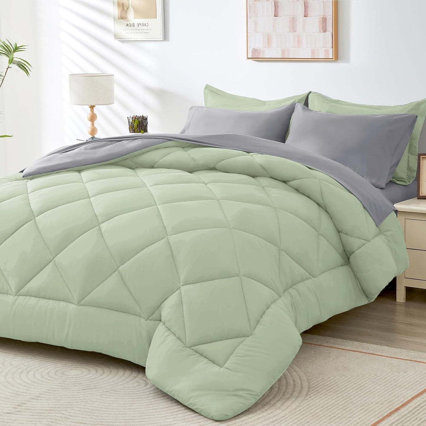 HEVUMYI Cali-King Comforter Set - 7-Piece All Season Bed in a Bag Cali-King, Ultra Soft Bedding Set with Comforter, Flat Sheet, Fitted Sheet, Pillowcases, Pillow Shams, Sage Green & Light Grey