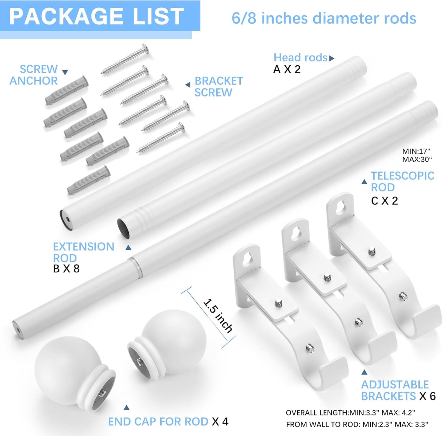 Curtain Rods for Windows 16 to 92 Inches, Curtain Rod Max Adjustable Length of 104 IN, 6/8" Diameter Drapery Rods Round Finials, White, Pack of 2