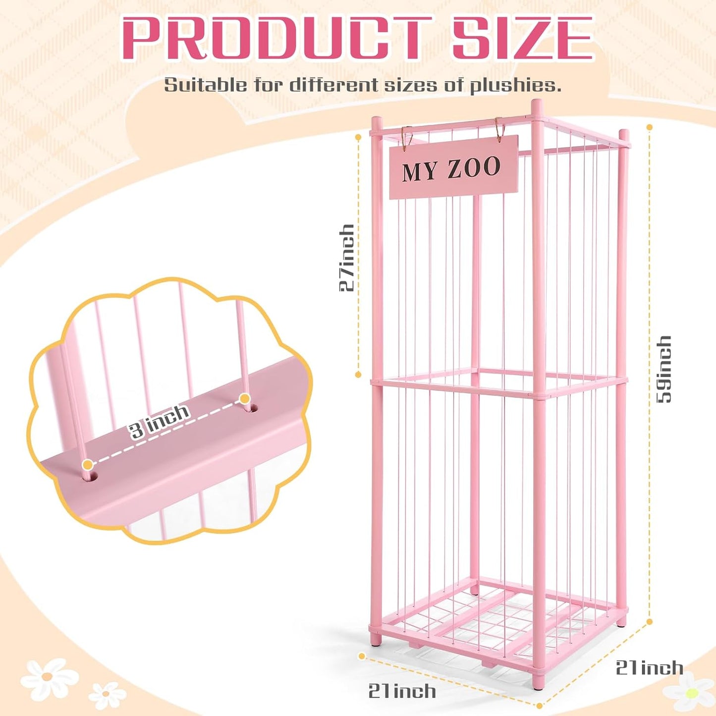 Stuffed Animal Storage Zoo, Wooden Stuffed Animal Organizer with Elastic Cords for Boys Girls, Space Saving Toy Plushies Storage Holder for Playroom, Bedroom, Living Room (Pink, Large)