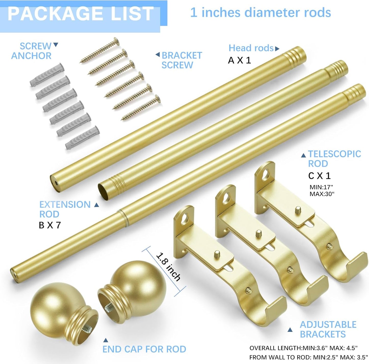 Curtain Rods for Windows 16 to 136 Inches, Curtain Rod Max Adjustable Length of 144 IN, 1" Diameter Drapery Rods Round Finials, Warm Gold, Pack of 1