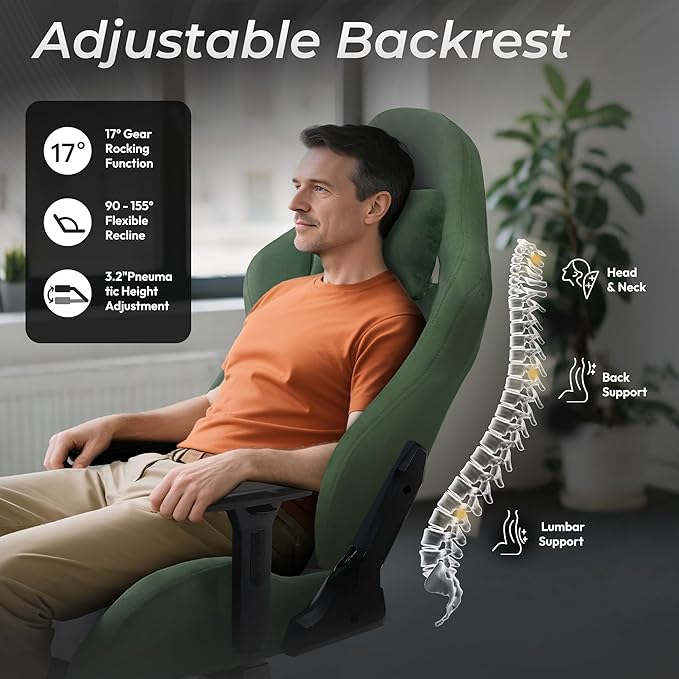 Dowinx Big and Tall Gaming Chair with Suede Fabric Breathable, Game Chairs for Adults with Oversized Thick Seat for 440lbs, Ergonomic Gamer Chair for Streaming & Long Gaming Sessions, Green