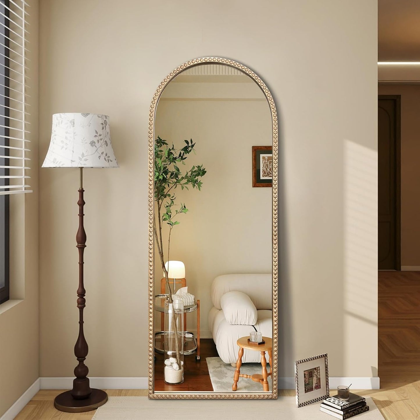 Large Arched Mirror, 20"x53" Gold Arch Floor Mirrors for Dressing, Metal Beaded Frame Decorative Accent Mirror, Ornate Vintage Mirrors for Living Room Bedroom Bathroom Entryway