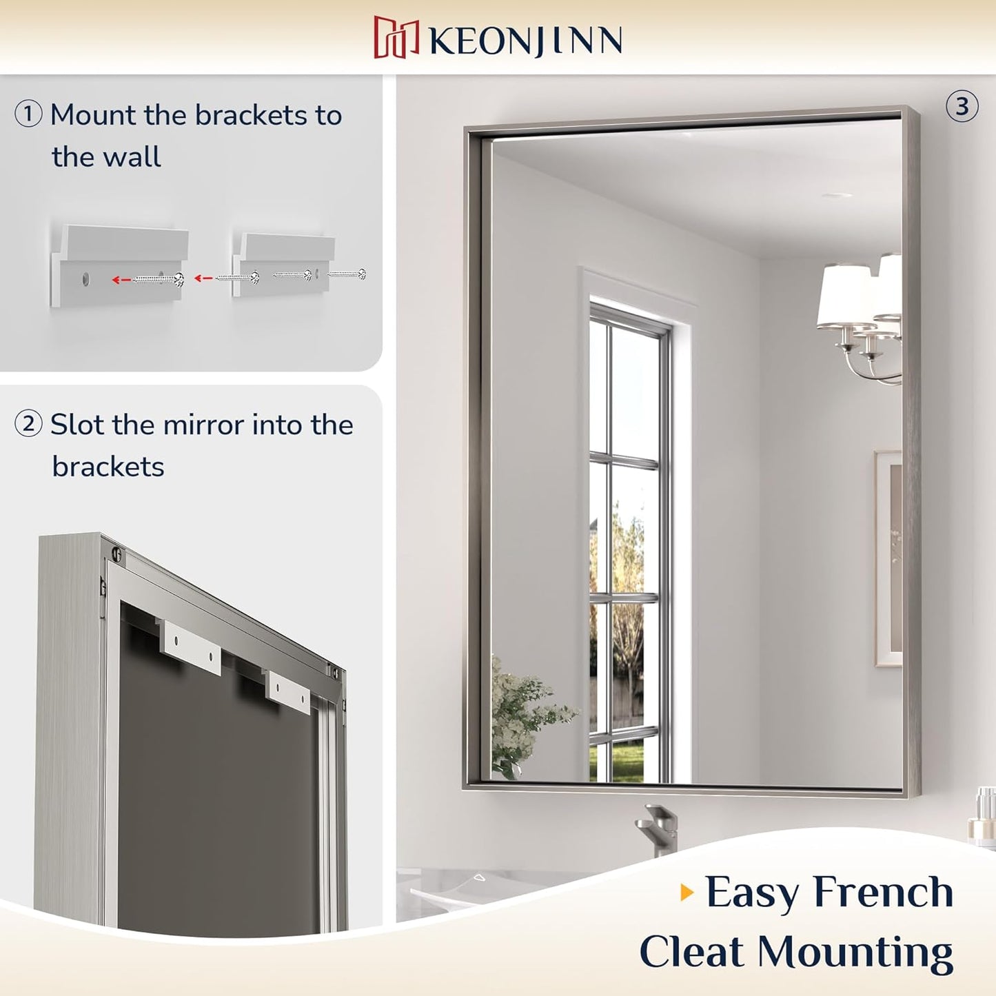 Keonjinn 48 x 40 in Brushed Nickel Bathroom Mirror, Rectangular Wall Metal Framed Vanity Mirror Square Corner Aluminum Alloy Modern Rectangle Wall-Mounted Mirror(Horizontal/Vertical)