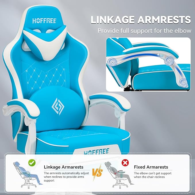 HOFFREE Gaming Chair with Speakers Massage Computer Gaming Chair with Pocket Spring Cushion for Adults Reclining Gamer Chair with Bluetooth Video Game Chairs with Footrest Sky Blue and White