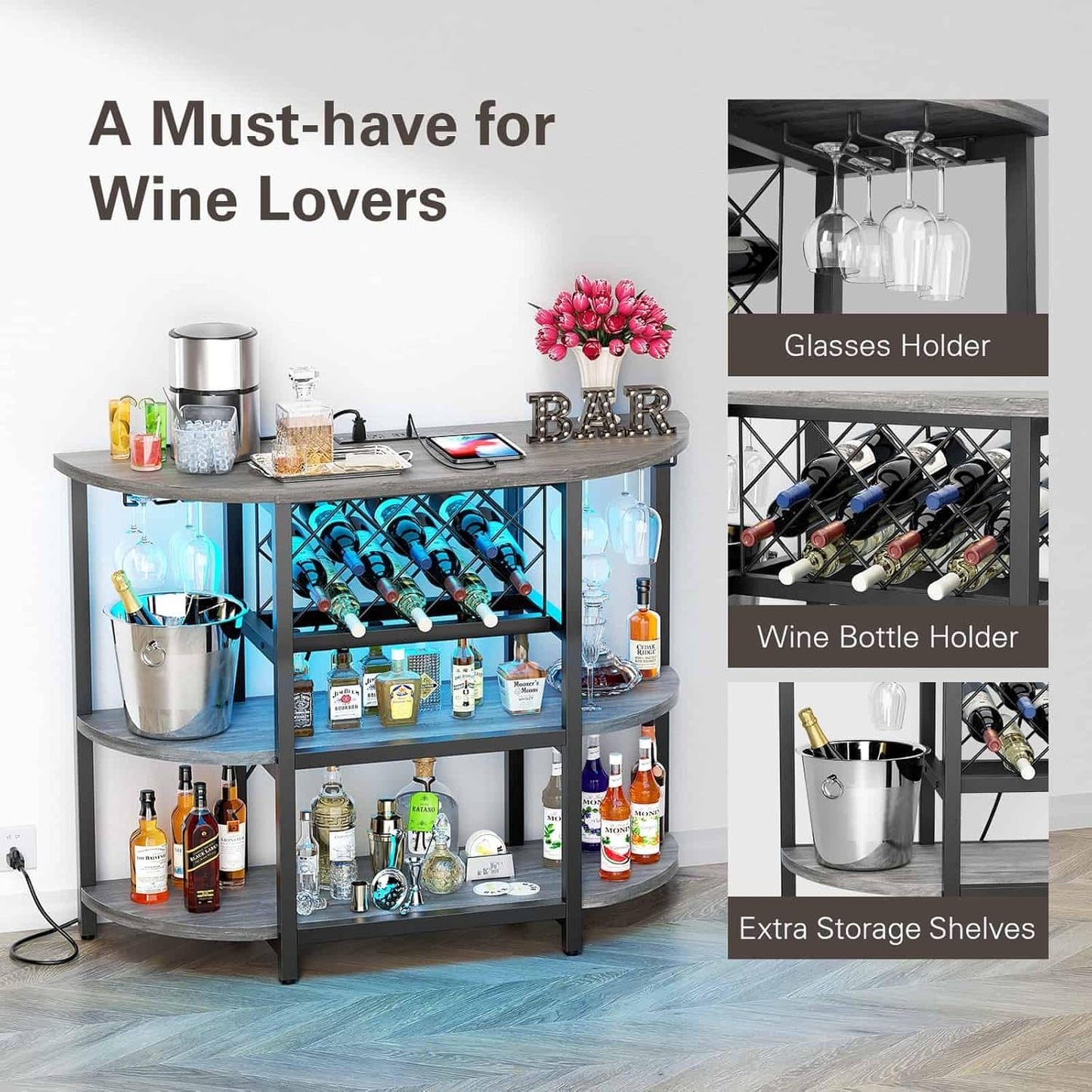 Zarler Bar Cart with Power Outlet Easy to Assemble, LED Home Bar Cabinet for Liquor, 47.3" L x 15.8" D x 36" H Metal Mini Bar Table with 4-Tier Storage, Grey