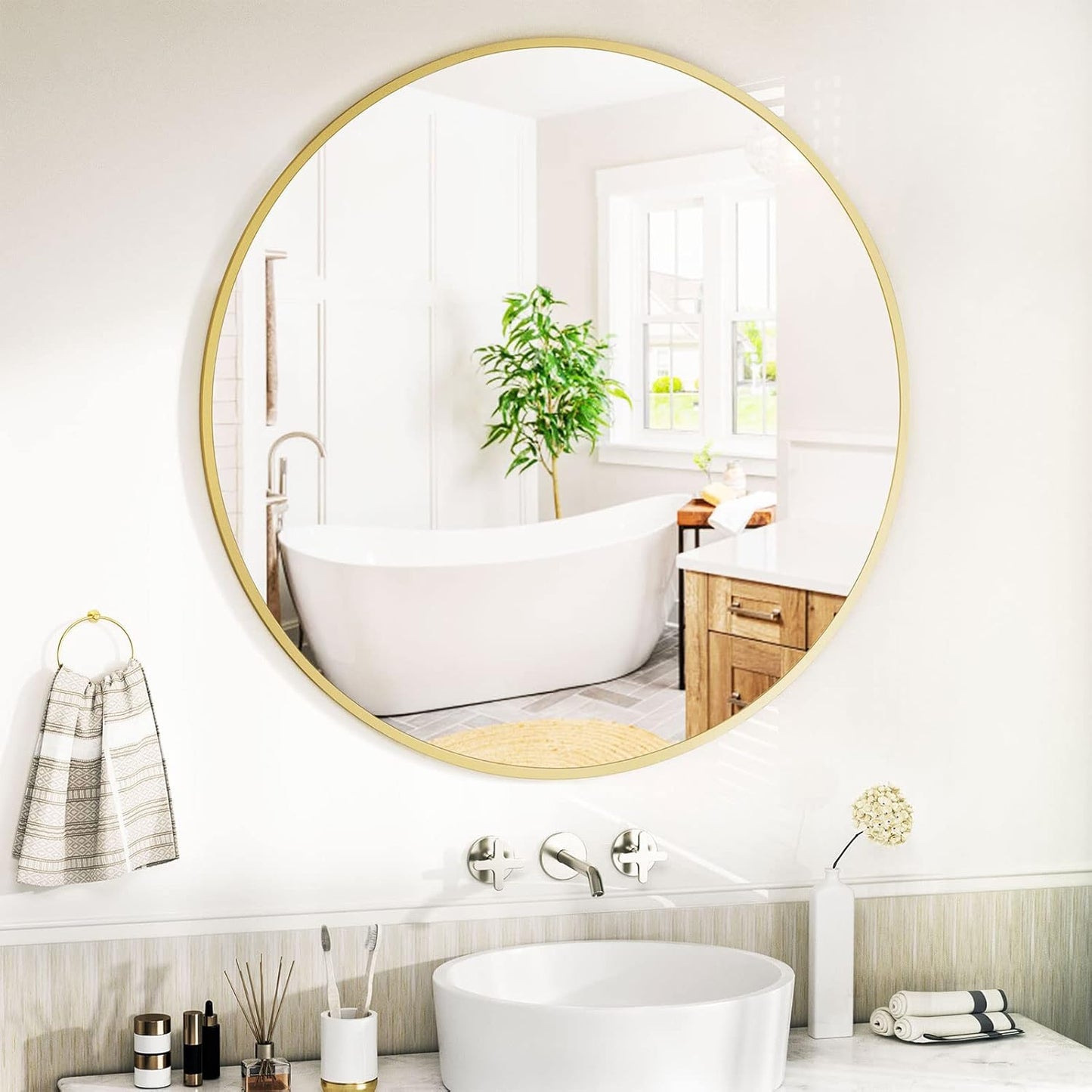 Round Mirror 36" Gold Wall Mounted Circle Mirrors Vanity Mirror with Aluminum Alloy Frame Modern Decoration for Bathroom, Living Room, Vanity, Bedroom, Entryway