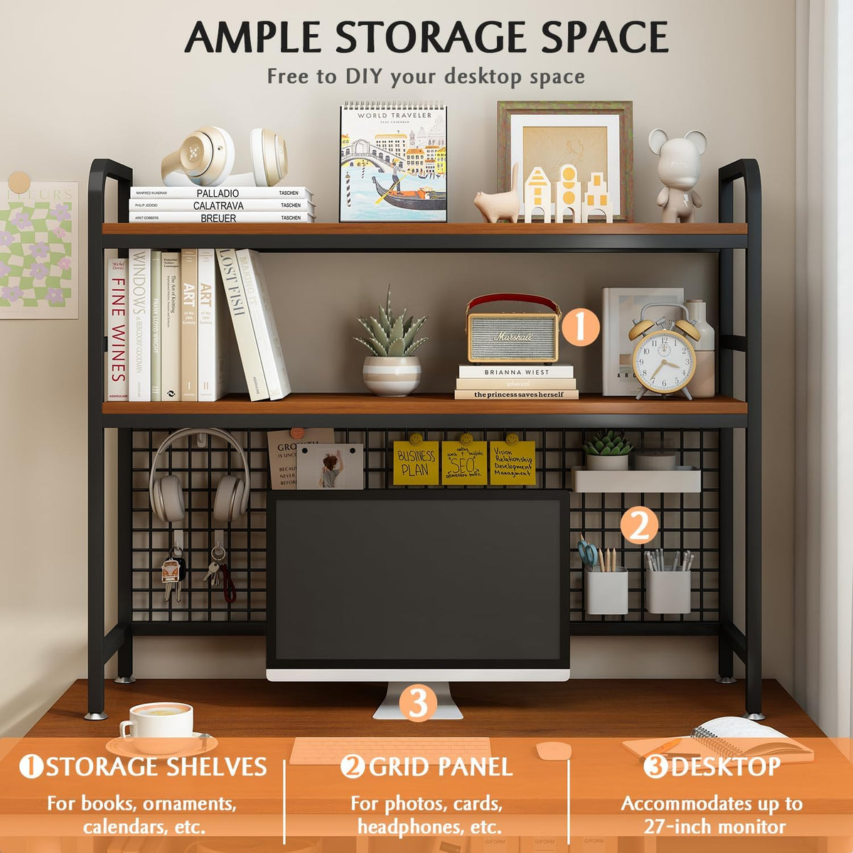 IOTXY 2-Tier Desktop Hutch Bookshelf - Metal Desk Shelf Bookcase with Grid Panel, Countertop Storage Organizer Rack for Dorm or Office, Black, 37.4" W