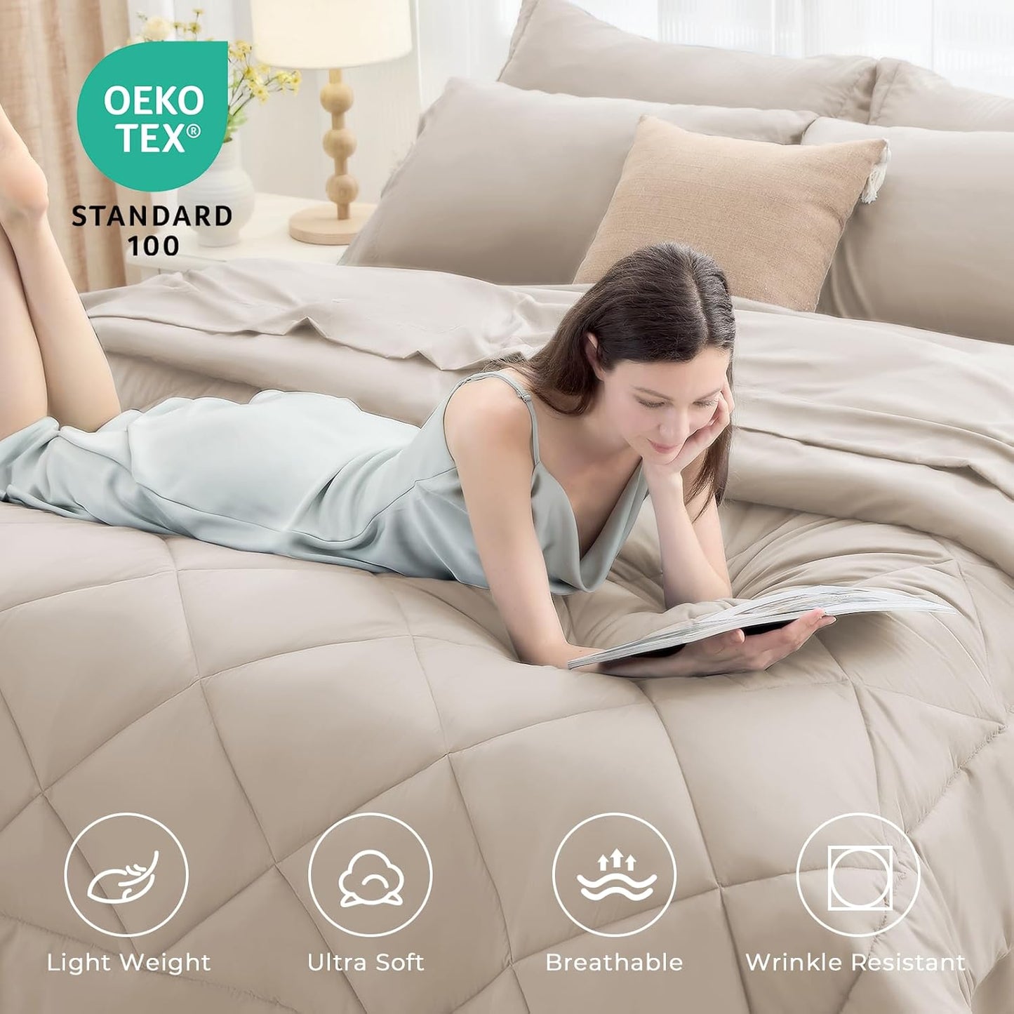 HEVUMYI Khaki Queen Comforter Set - 7-Piece All Season Bed in a Bag Queen, Ultra Soft Bedding Set with Comforter, Flat Sheet, Fitted Sheet, Pillowcases, Pillow Shams