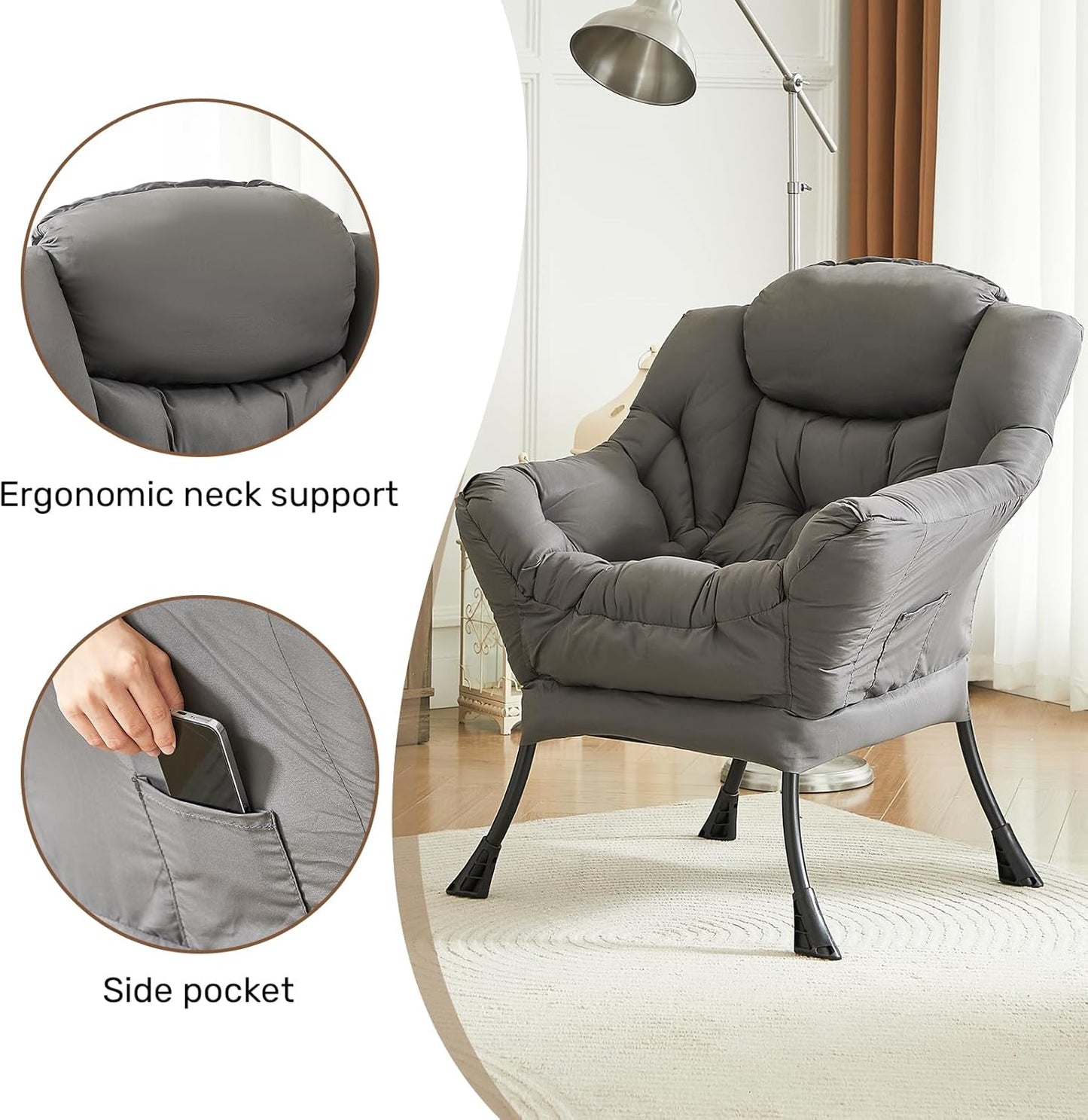 HollyHOME Large Fabric Lazy Chair for Living Room Cozy Accent Reading Chair with Armrests Comfy Lounge Sofa Chair for Bedroom, Dorm & Small Spaces | Dark Grey