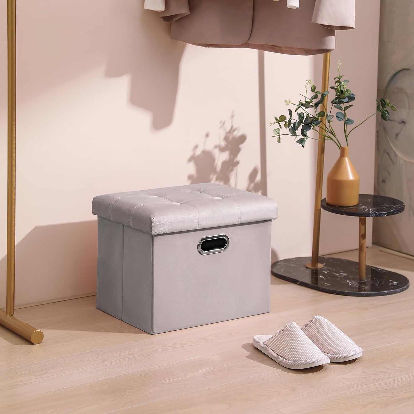 PRANDOM Ottoman with Storage [1-Pack] Velvet Folding Small Square Foot Stool with Lid for Living Room Bedroom Coffee Table Dorm Light Grey 17x13x13 inches