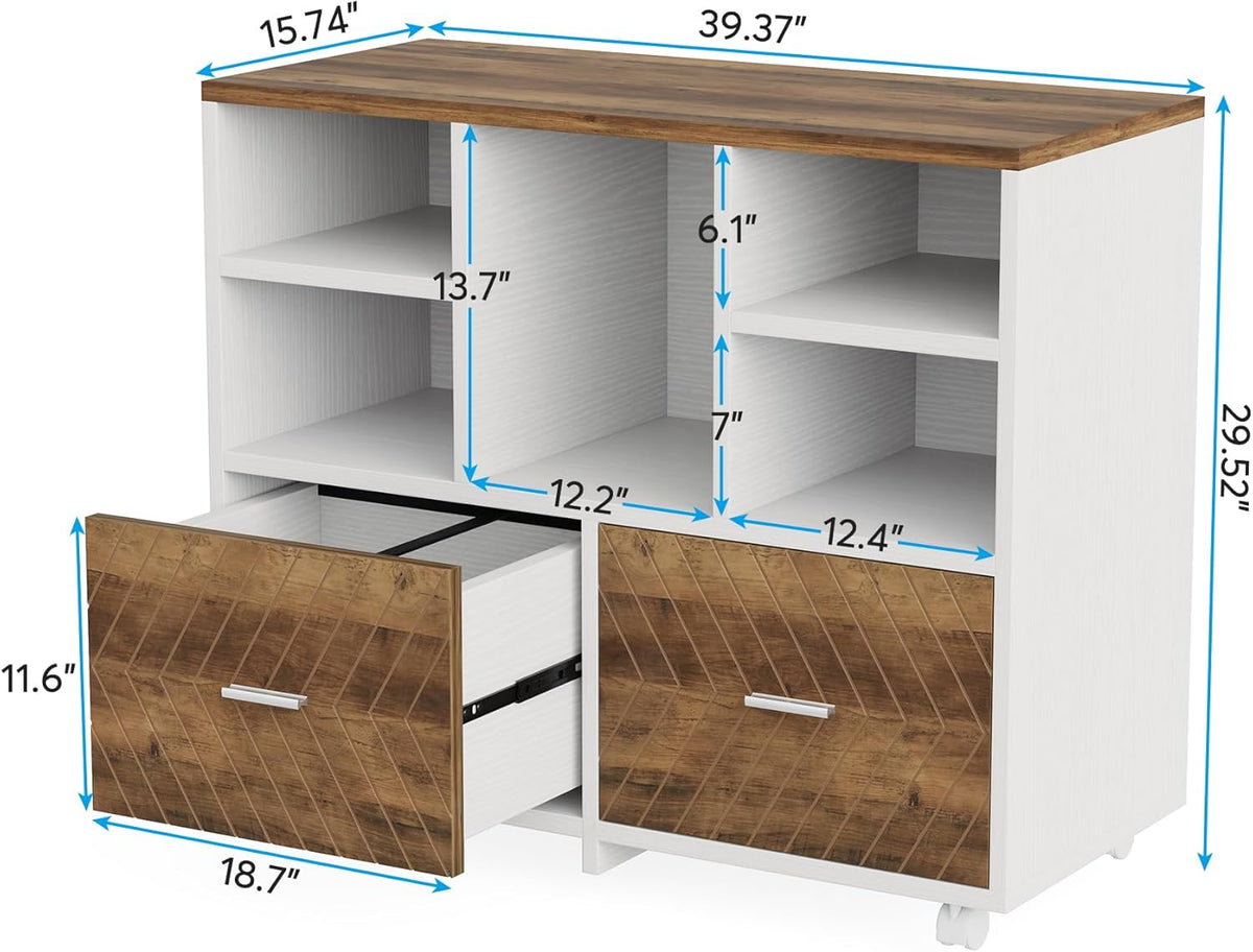 Tribesigns 2-Drawer Wood File Cabinet, Mobile Lateral Filing Cabinet for Hanging Letter Size Files, Printer Stand with Open Storage Shelves for Home Office (Oak Karo & White)