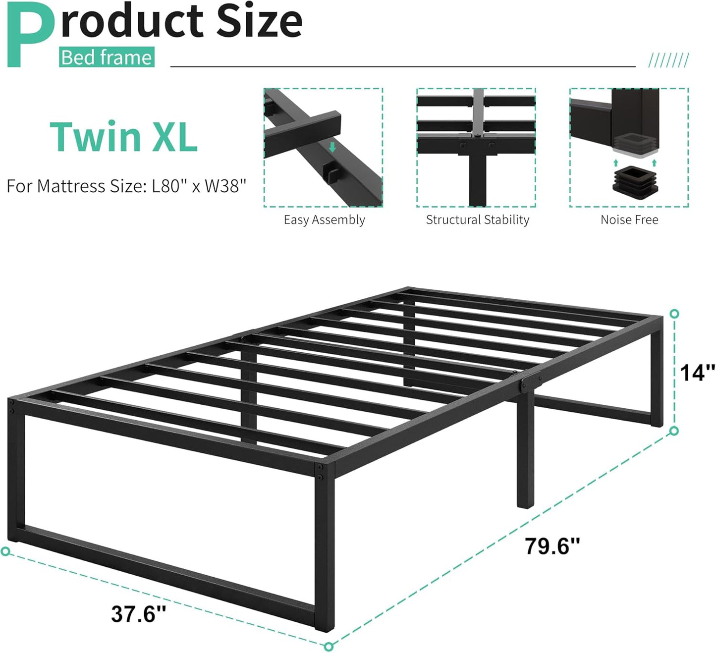 14 Inch Twin XL Bed Frames Heavy Duty Sturdy Metal Platform Bed Frame No Box Spring Needed, Noise Free, Easy Assembly, Black