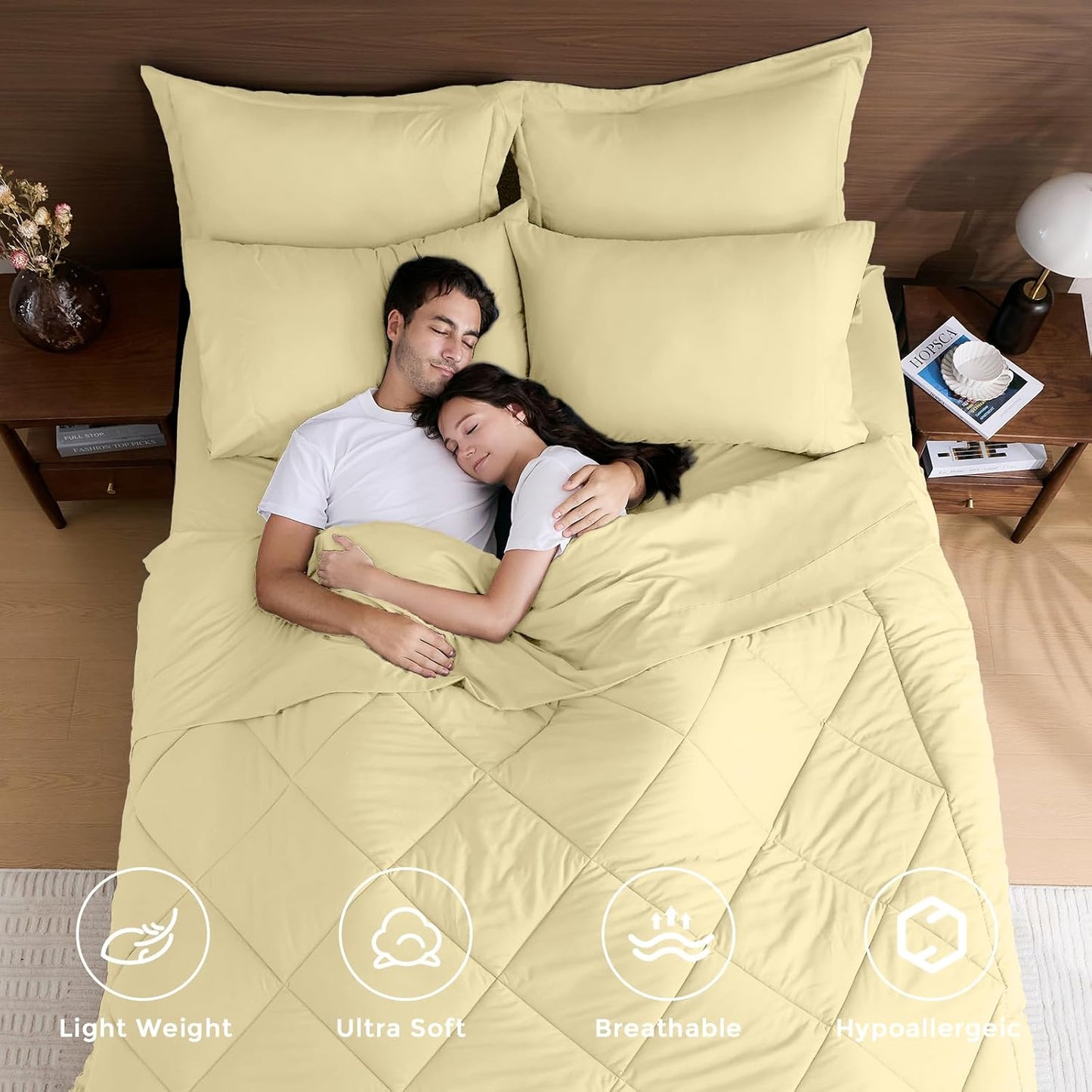 HEVUMYI Cream Yellow Full Comforter Set - 7-Piece All Season Bed in a Bag Full, Ultra Soft Bedding Set with Comforter, Flat Sheet, Fitted Sheet, Pillowcases, Pillow Shams