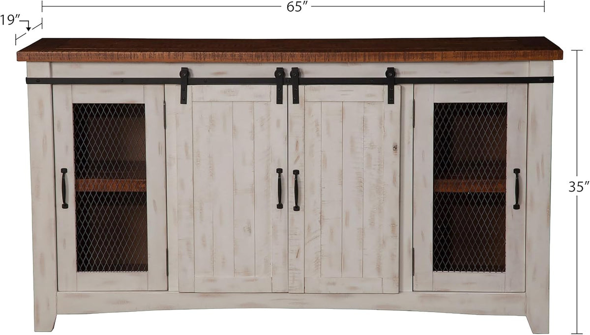 Martin Svensson Home Rustic 65” Solid Wood TV Stand with Storage, White and Aged Distressed Pine