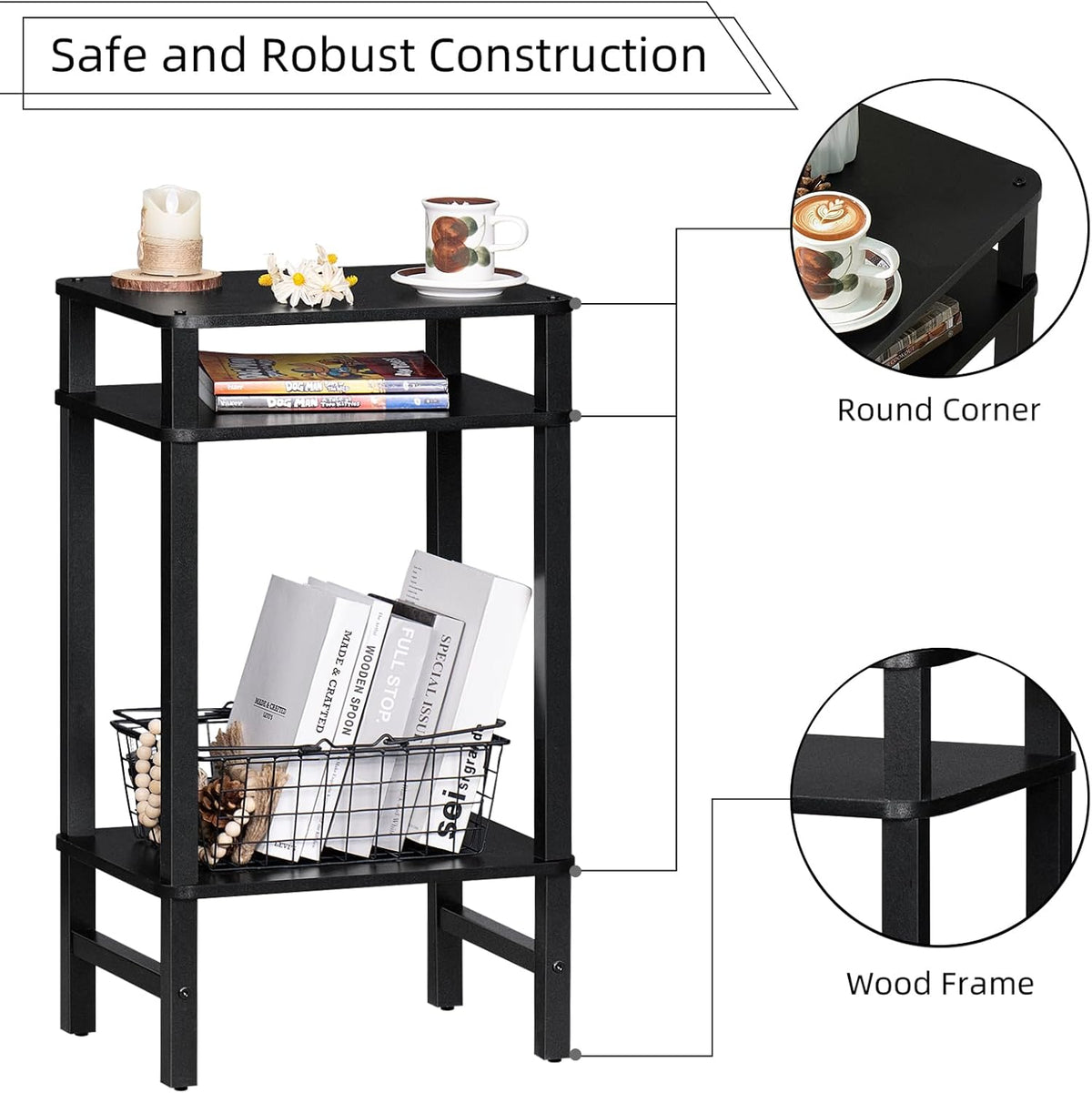 28in Tall Side Table 3-Tier Small Narrow End Table for Couch, Skinny Nightstand for Small Space, Farmhouse Slim Night Stand with Storage, Wooden Frame Thin Bedside Table, for Living Room, Black