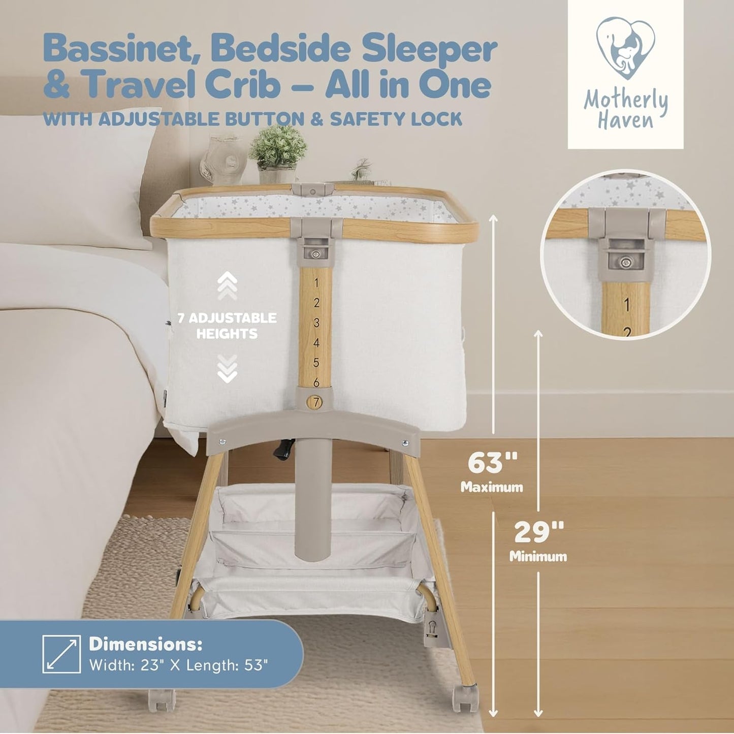 Baby Bassinet Bedside Sleeper, Portable Crib for Newborns, Adjustable 7-Height Auto-Lock, with Wheels, Soft Mattress & Breathable Mesh (White - with Mosquito Net)