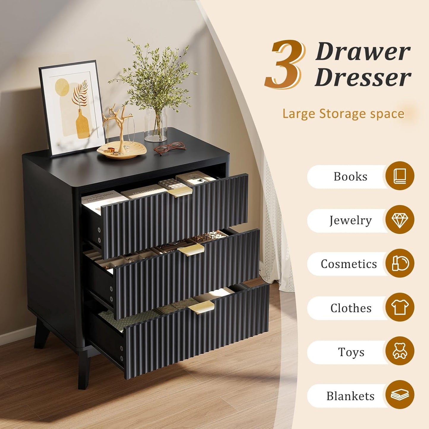 LYNCOHOME Fluted Nightstand with 3 Drawers Dresser, Modern Wood Chest of Bedside Table with Curved Profile, Fluted Dresser & Wood Drawer Organizer for Bedroom